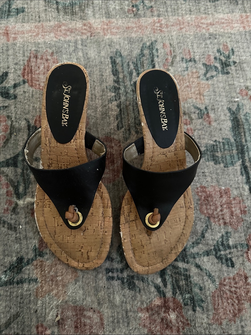 St. John's Bay Black Cork Thong Sandals with Gold Accent